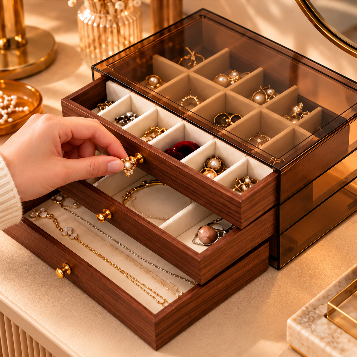 1. Utilisation des différents rangements d’une boîte à bijoux en bois