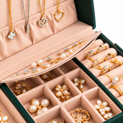 Compartiments intérieurs pour bagues et boucles d’oreilles dans un coffret vert