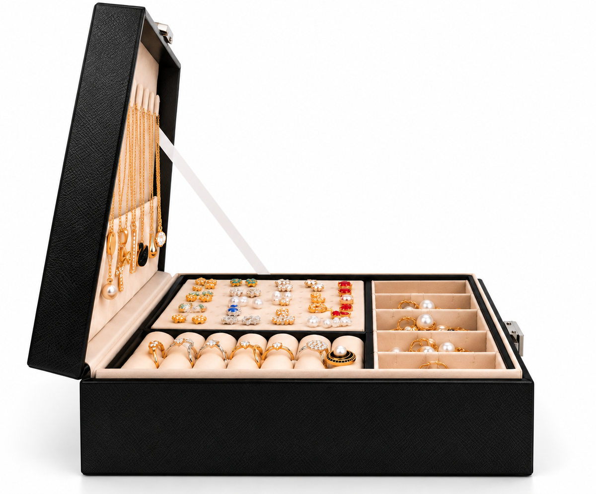 Vue latérale d’un coffret à bijoux noir ouvert