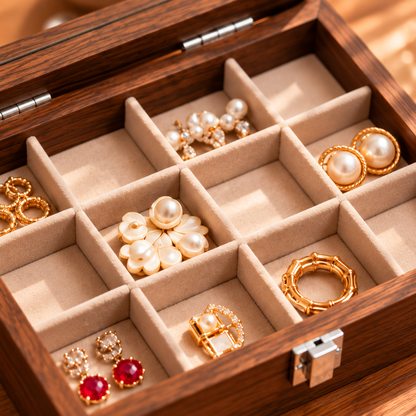 Vue rapprochée des compartiments d’une boîte à bijoux en bois