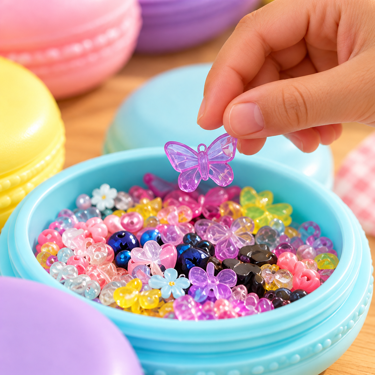 Rangement de petits accessoires dans une boîte macaron bleue