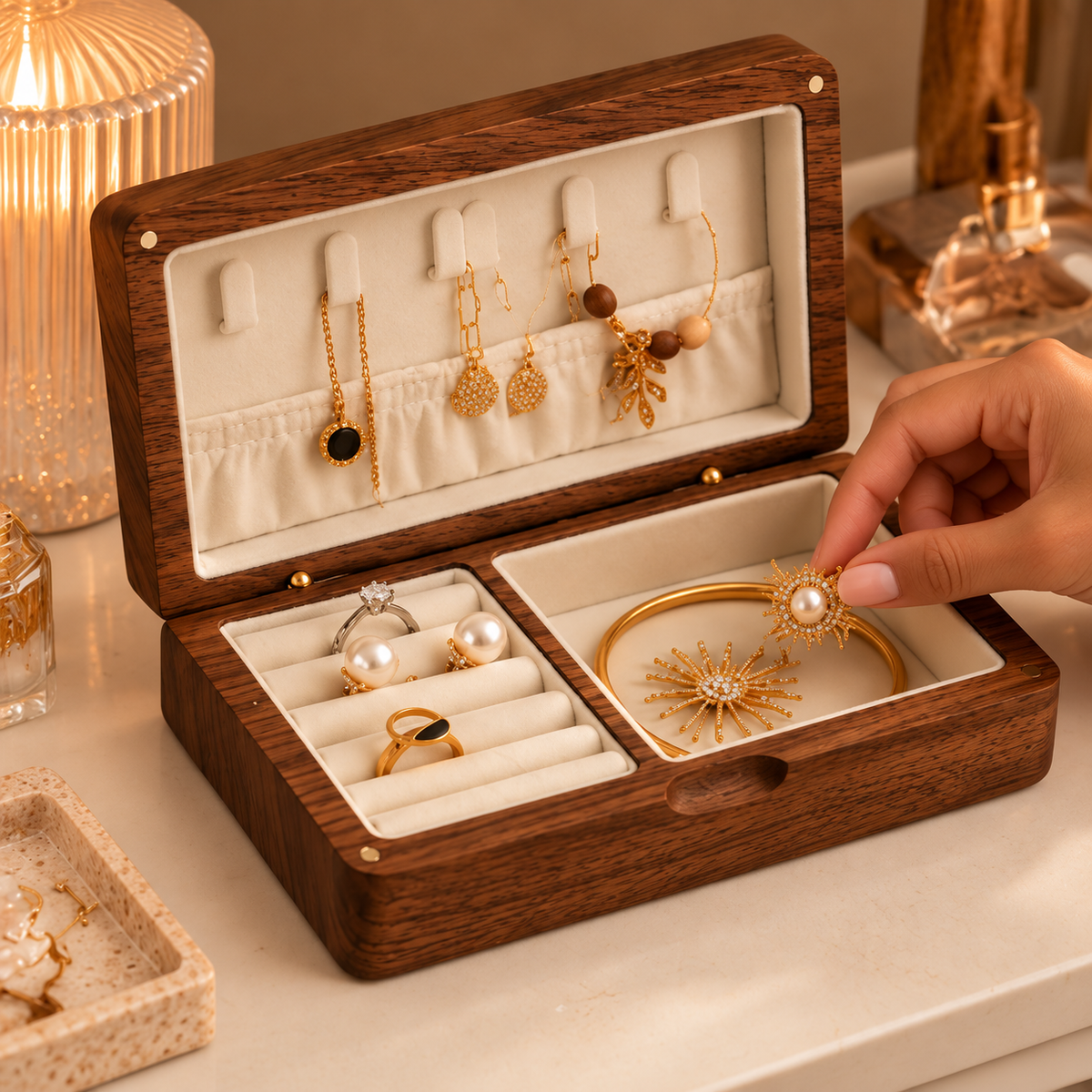 Disposition de bijoux dans les différents espaces d’un coffret en bois