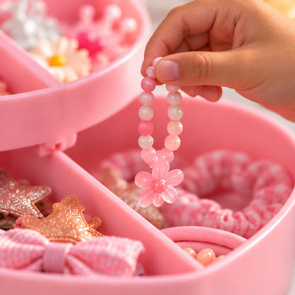 Rangement d’un bracelet dans une boîte à bijoux rose pour enfant
