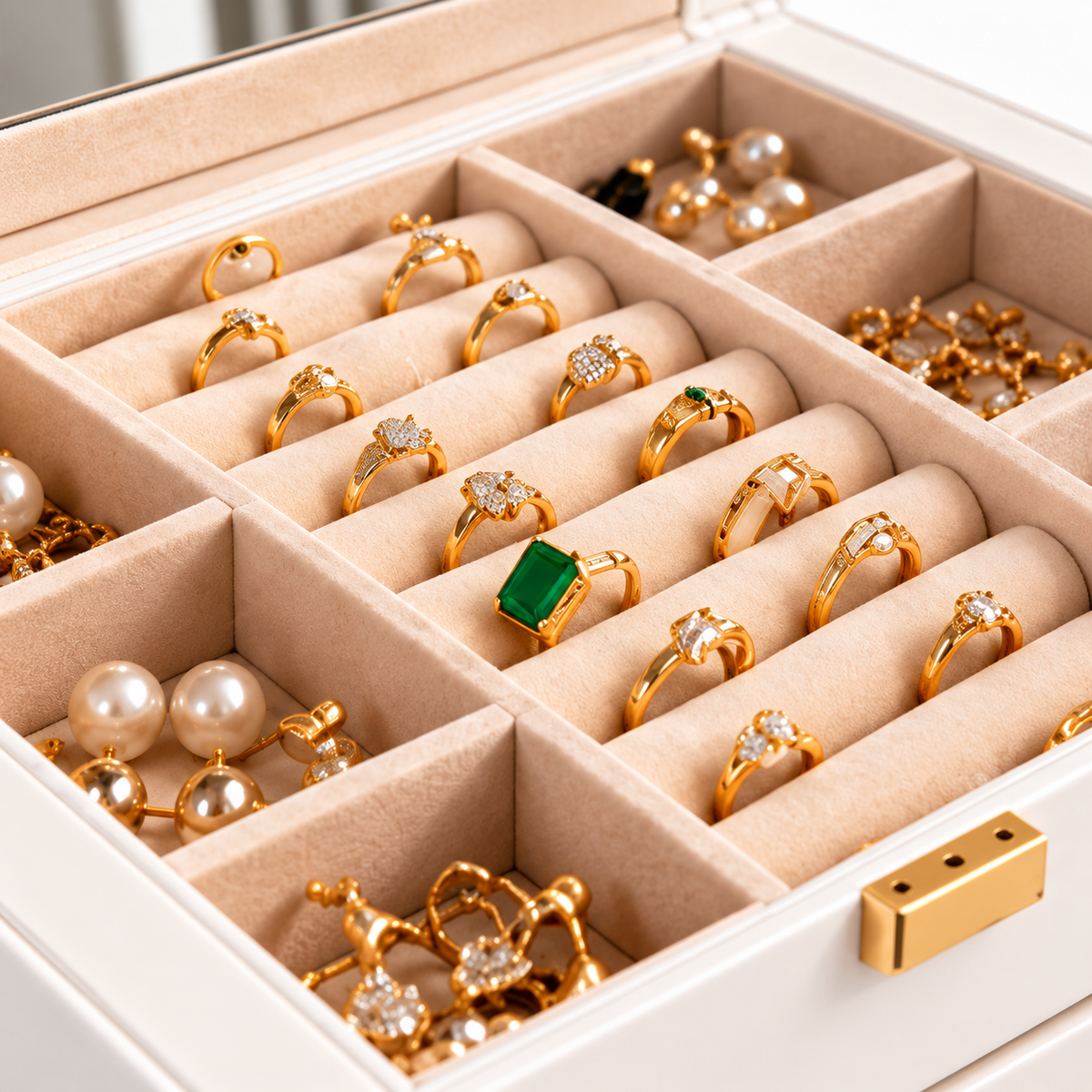 Compartiments pour bagues et bijoux dans une grande boîte blanche