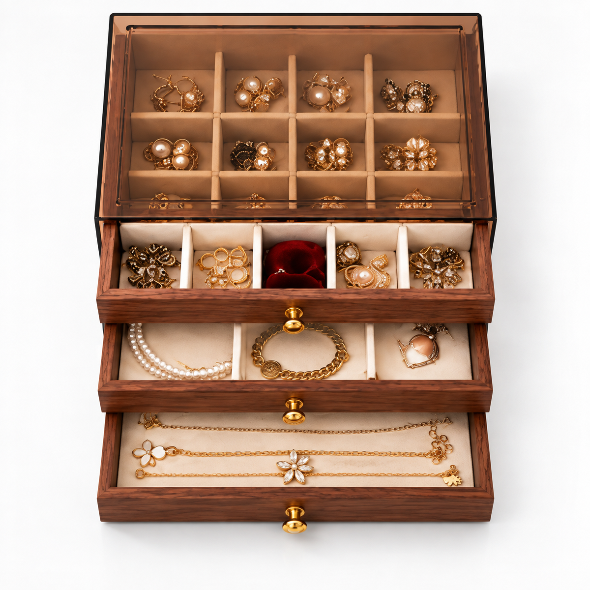 Boîte à bijoux à tiroirs ouverte avec rangements compartimentés