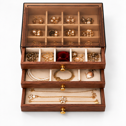 Boîte à bijoux à tiroirs ouverte avec rangements compartimentés