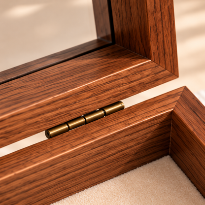 Détail des charnières d’une boîte à bijoux en bois