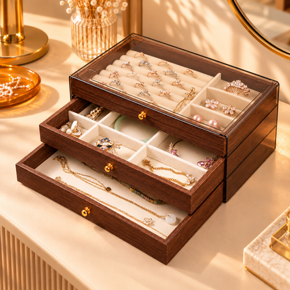 Boîte à bijoux en bois à tiroirs et compartiments
