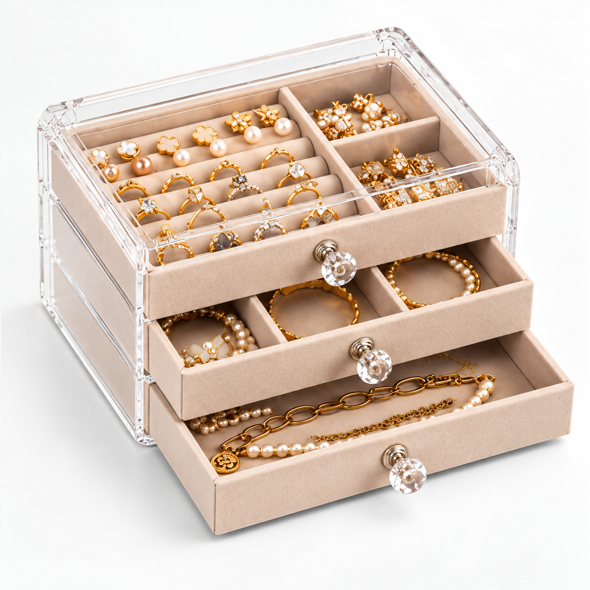 Boîte à bijoux à trois tiroirs avec poignées transparentes