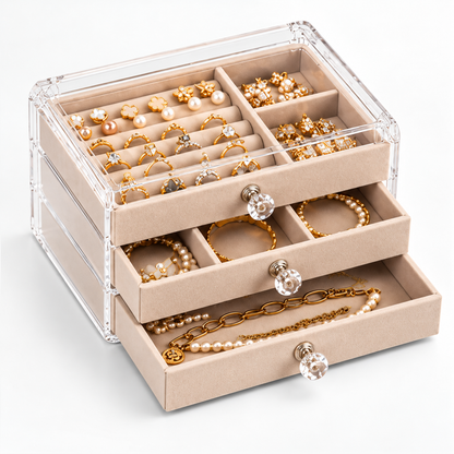 Boîte à bijoux à trois tiroirs avec poignées transparentes