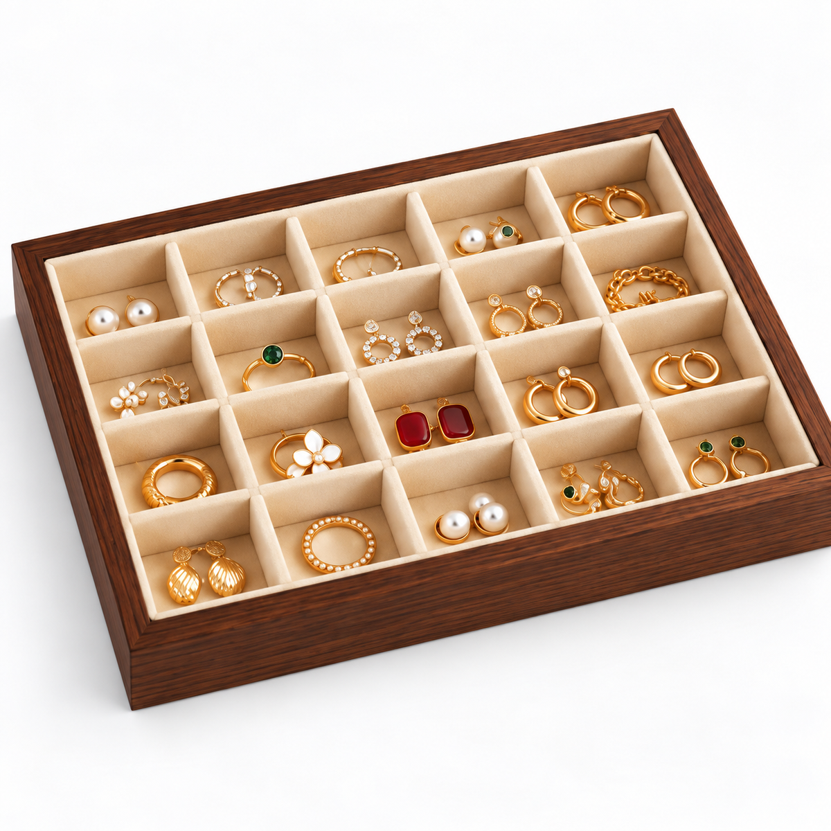 Organisateur de bijoux en bois avec nombreux compartiments individuels