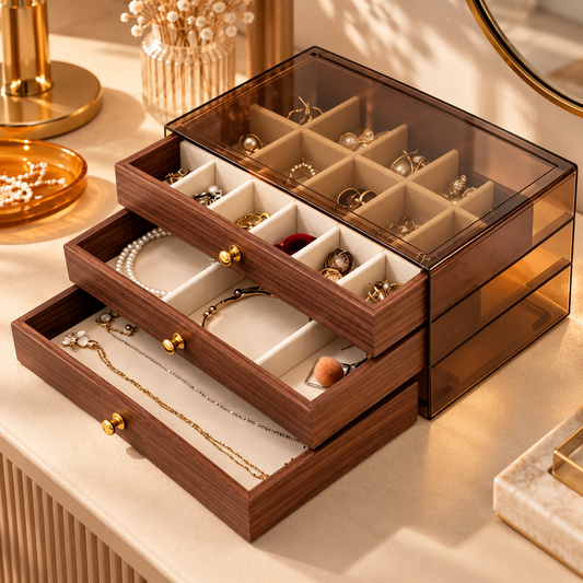 Grande boîte à bijoux en bois avec tiroirs et compartiments