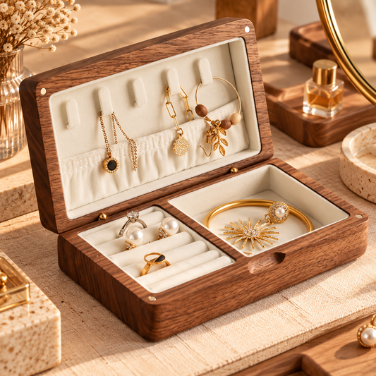 Coffret à bijoux en bois avec rangements pour colliers, bagues et bracelets