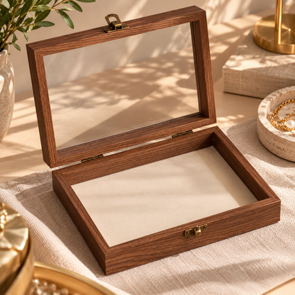Boîte à bijoux en bois avec couvercle transparent et intérieur clair