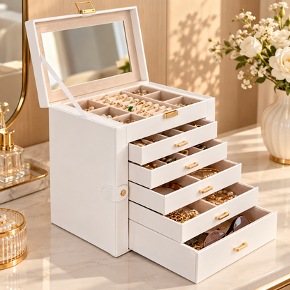 Grande boîte à bijoux blanche avec miroir et plusieurs tiroirs de rangement