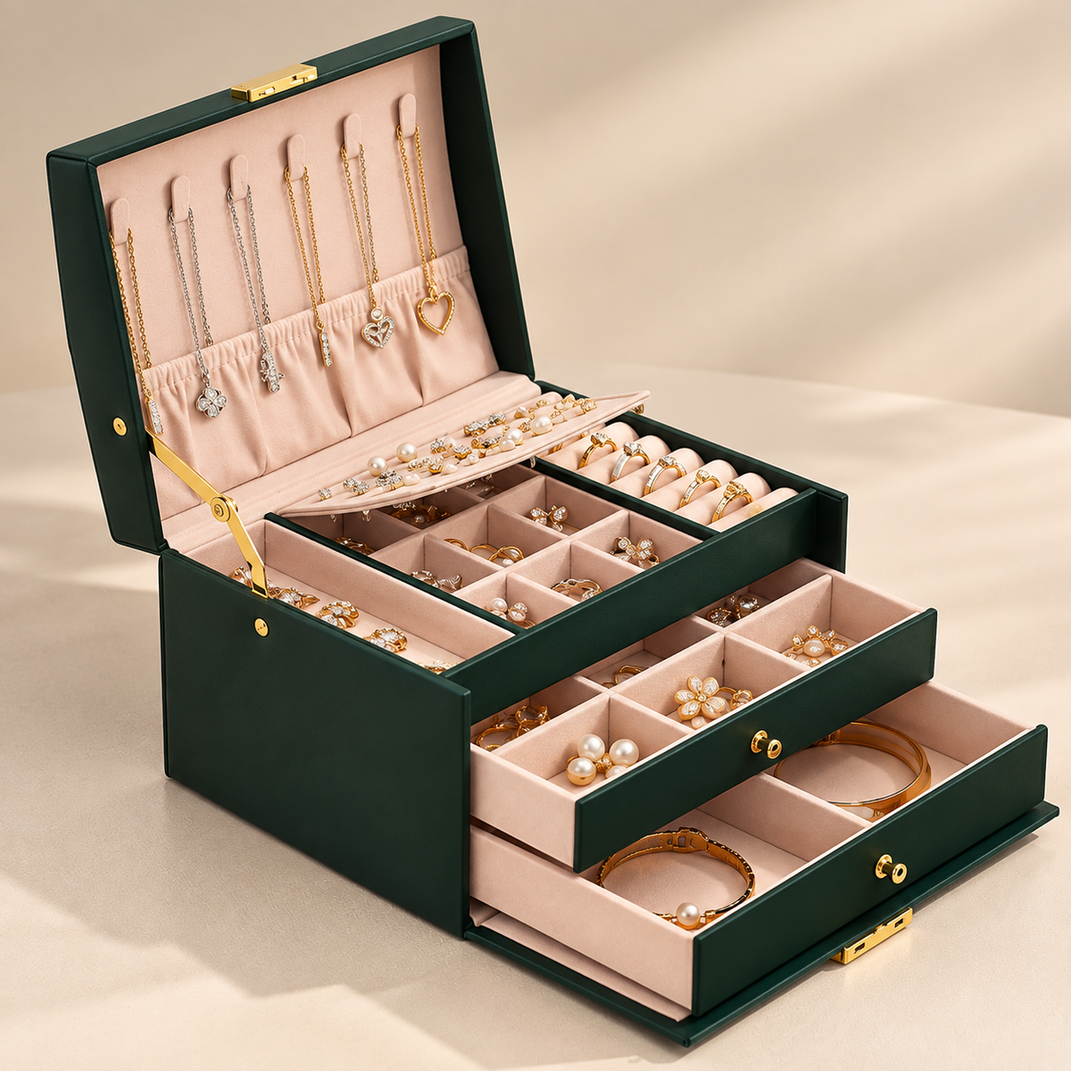 Grande boîte à bijoux verte avec tiroirs et rangements pour colliers