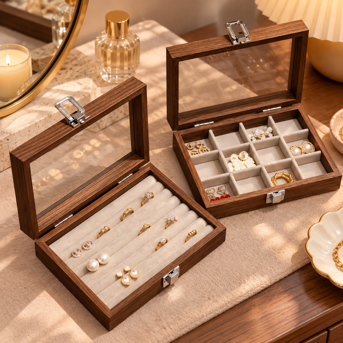 Boîtes à bijoux en bois avec couvercle transparent et rangements modulables