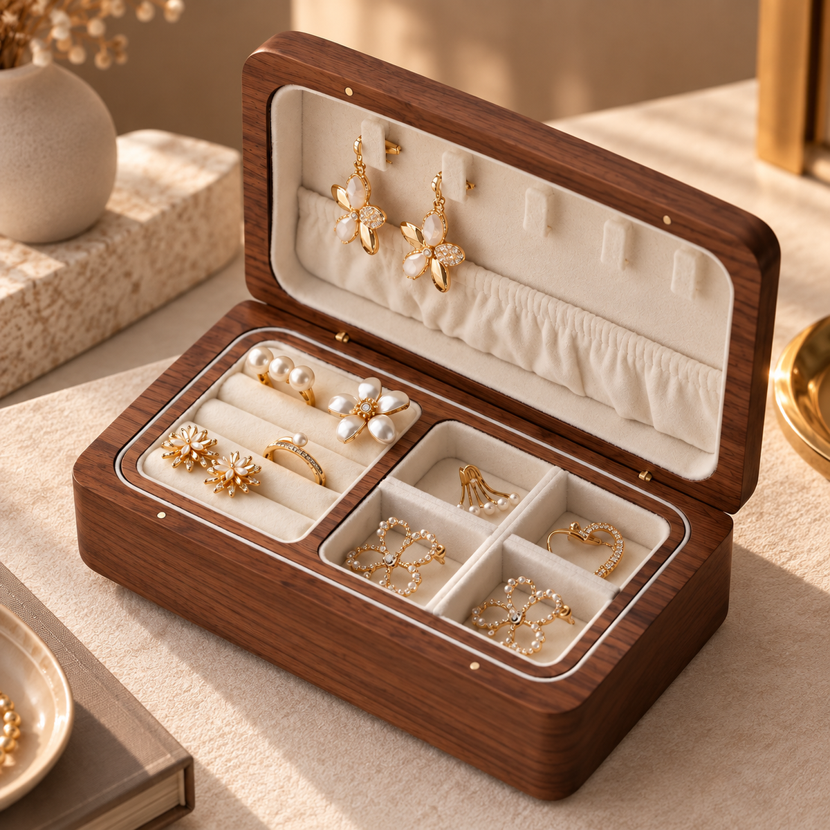 Boîte à bijoux en bois ouverte avec compartiments et rangements