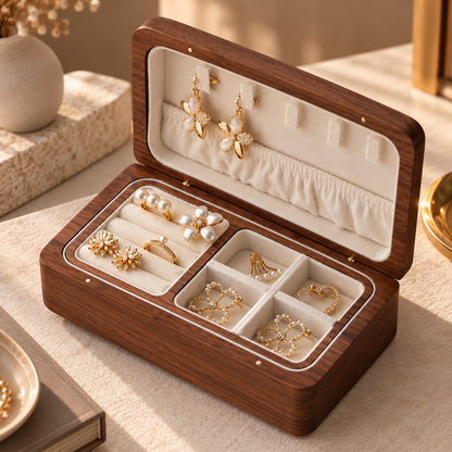 Boîte à bijoux en bois ouverte avec compartiments et rangements