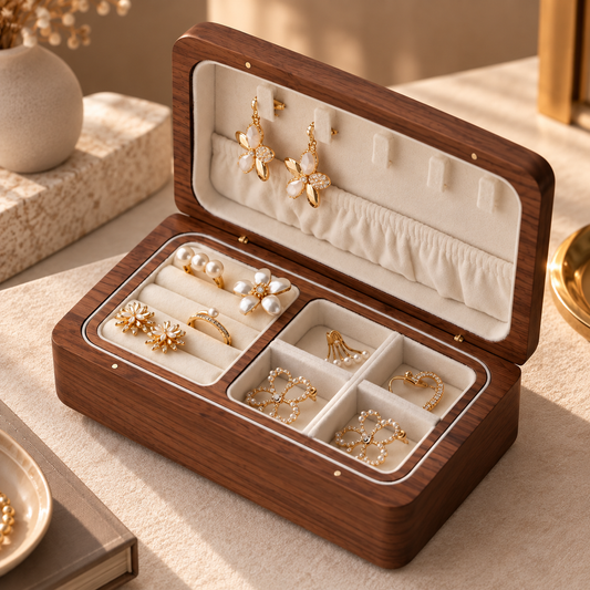 Boîte à bijoux en bois ouverte avec compartiments et rangements